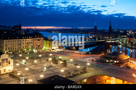 Aussicht auf Stockholm von der oberen Plattform des Katarina Aufzug, Södermalm, Stockholm, Schweden. Aufgenommen 2009 vor das Gebäude der Neuen Slussen. Stockfoto