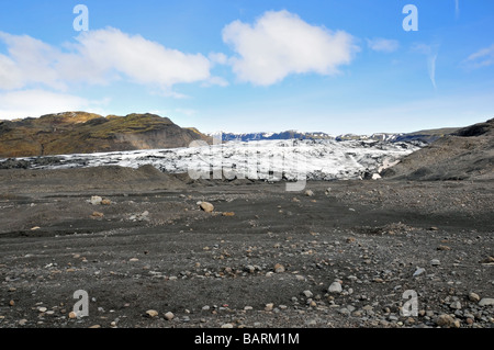 Grundmoräne vor die Endstation der Solheimajokull Gletscher, Myrdalur, Southern Island Stockfoto