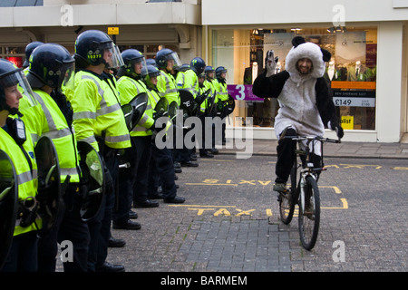 Mann gekleidet in Panda Anzug Zyklen vor einer Reihe von Bereitschaftspolizei während Maifeiertag Proteste in Brighton, Sussex, UK JPH0196 Stockfoto