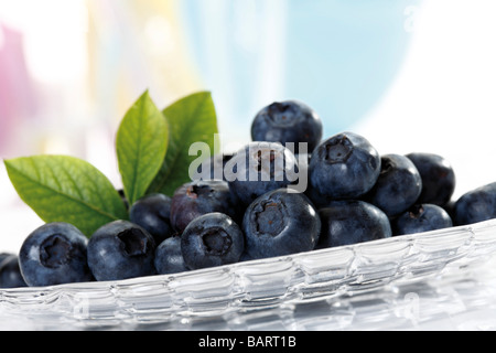 Heidelbeeren auf Glasplatte, Nahaufnahme Stockfoto