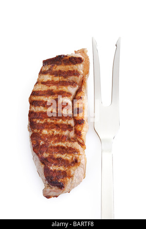 Gegrilltes Rumpsteak und Fleisch Gabel, erhöhten Blick Stockfoto