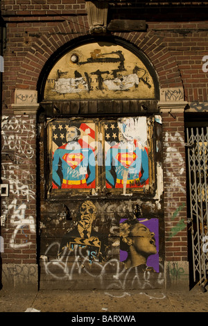 Barack Obama als Superman an einer Wand im East Village in New York City Stockfoto