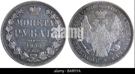 Alte russische Münze Rubel 1852 Jahr mit zwei leitete eagle Staatswappen Stockfoto