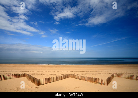 Holzpfosten am sandigen Strand von Holme an der North Norfolk-Küste. Stockfoto