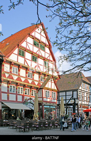 Fachwerkhaus am Baeckerstrasse in Hameln im Weserbergland in Deutschland Stockfoto