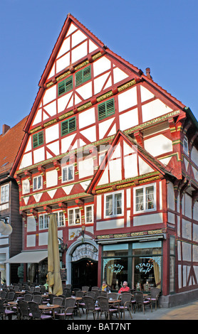 Fachwerkhaus am Baeckerstrasse in Hameln im Weserbergland in Deutschland Stockfoto