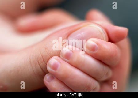 Reflex zu Klammern. Hand eines 2 Monate alten Baby-jungen, die instinktiv einen Daumen gegriffen hat. Stockfoto