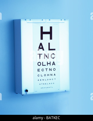 Optiker neben einem Eyechart. Das Auge Diagramm wird verwendet, um eine Person, die Sehschärfe zu testen. Stockfoto
