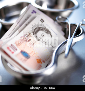 Medizinische Kosten. Konzeptbild von UK-Pfund-Noten in einer chirurgischen Nierenschale. Stockfoto