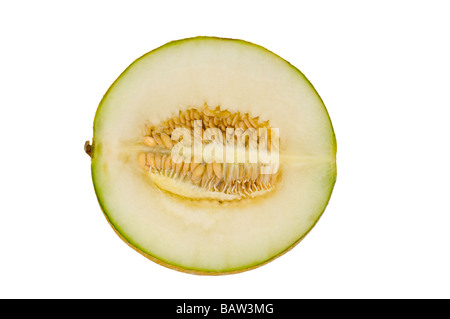 Eine Melone Melone in Scheiben geschnitten In eine halbe saftige Melonen-Frucht Stockfoto