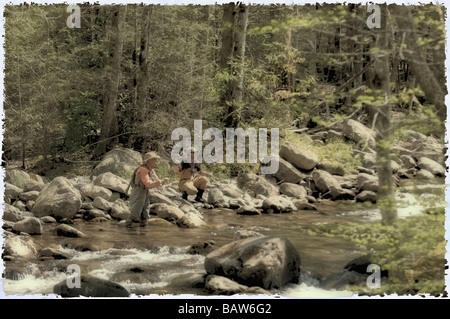 Polaroid-Behandlung der Fliegenfischer Angeln am Middle Fork des Little Pigeon River in Greenbrier Gebiet des Great Smoky Mountains Stockfoto