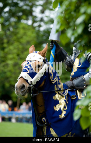 Ritter auf Pferd stehend hinter Laub am Hedingham Castle, Essex, England während Ritterturniere Turnier Stockfoto