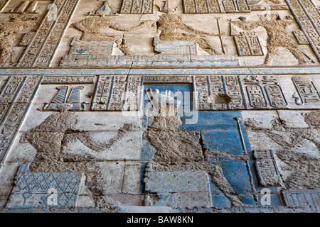 Neu gereinigt und restauriert Wand im Vorraum in Dendera Tempel, Niltal, Ägypten, Nordafrika Stockfoto