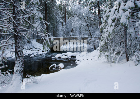 Steinerne Brücke entlang des Merced River, Yosemite-Nationalpark, CA. Stockfoto