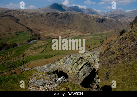 Blick über Eskdale Valley, Lake District von Hardknott Burg römischen Fort, Scafell und Scafell Pike, Cumbria, England Stockfoto