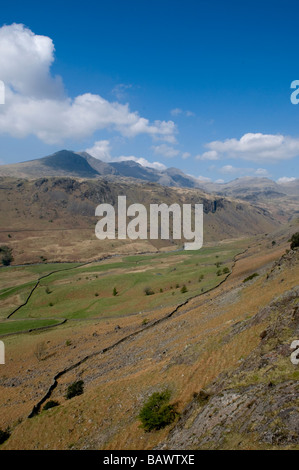 Blick über Eskdale Valley, Lake District, Scafell und Scafell Pike, Cumbria, England Stockfoto