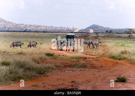 Safari-Jeep auf dem Weg in Tsavo East National Park, Küste, Kenia Stockfoto