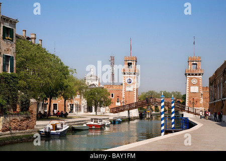 Eingangsturm, Arsenale, venezianische Arsenal, Venedig, Veneto, Italien Stockfoto
