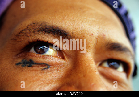 Detail des Gesicht eines Mannes, Ua Pou, Marquesas, Französisch-Polynesien Stockfoto