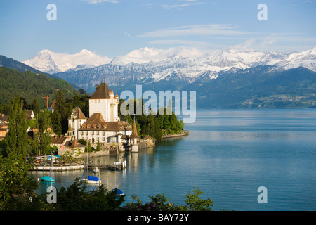 Schloss Oberhofen am Thunersee, Eiger (3970 m), Mönch (4107 m) und Jungfrau (4158 m) im Hintergrund, Oberhofen, Berner Oberland Stockfoto