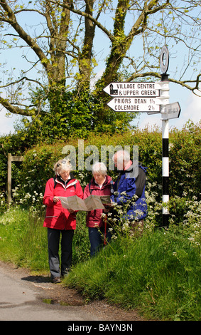 Gruppe von Wanderern Pause, um ihre Karte zu lesen und überprüfen die Fahrtrichtung gesehen in der Hampshire-Landschaft im Frühling Stockfoto