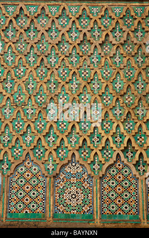 Detail der Wange und Schulter (Darj w Ktarf) Design-Muster auf dem Bab el Mansour Gateway in Meknès, Marokko, Nordafrika Stockfoto