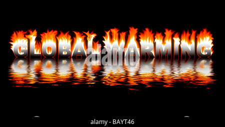Ein Digital erzeugte Bild veranschaulicht das Konzept der globalen Erwärmung mit flammenden Buchstaben und reflektierenden Wasser Stockfoto