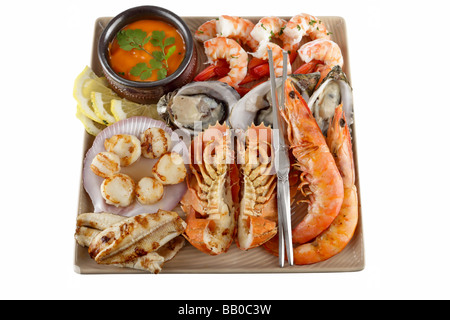 Fisch-fest auf einem Teller mit warmen und kalten Meeresfrüchte und Sauce Austern Garnelen Garnelen Fische Jakobsmuscheln und Utensilien Stockfoto