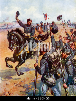 General McClellan Förderung Union Truppen in der Schlacht von Antietam 1862. Farblithographie Stockfoto