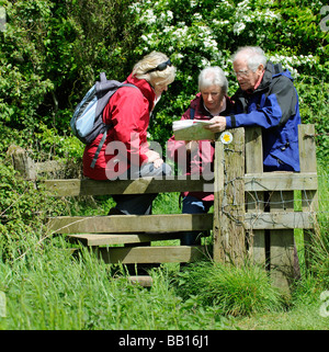 Wanderer pause an ein Land Stil um ihre Lesefähigkeiten Karte überprüfen Stockfoto