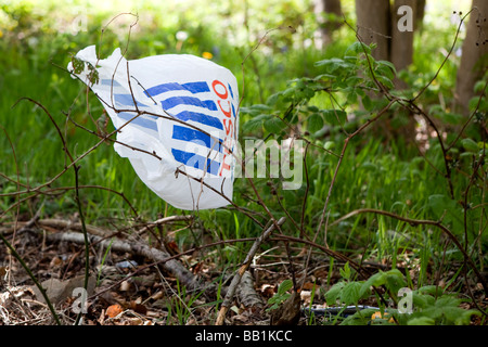 Tesco Tragetasche im Wald Stockfoto