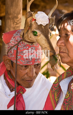 Native Mann tanzen in zeremonieller Tanzkostüm in Mayo Dorf von Capomos außerhalb El Fuerte im Bundesstaat Sinaloa Mexiko. Stockfoto