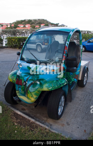 Elektro-Auto mit tropischen Strand und Palmen Baum Lackierung geparkt Gustavia St Barts Stockfoto