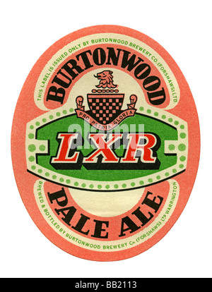 Alte britische Bieraufkleber für Burtonwoods LXR Pale Ale, Warrington, Cheshire Stockfoto