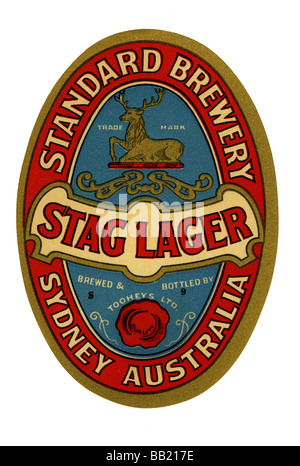 Alten australischen Bieraufkleber für Standard Brauerei Hirsch Lagerbier gebraut von Toohey, Sydney, New South Wales Stockfoto