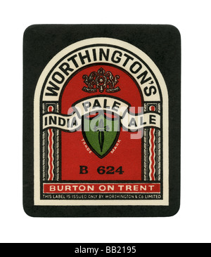 Alte britische Bieraufkleber für Worthington der IPA (India Pale Ale) oder weißen Schild, Burton-nach-Trent, Staffordshire Stockfoto