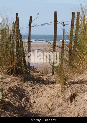 Alten Holzzaun in einer Sanddüne am Meer, mit Marrum Rasen wächst um ihn herum. Stockfoto