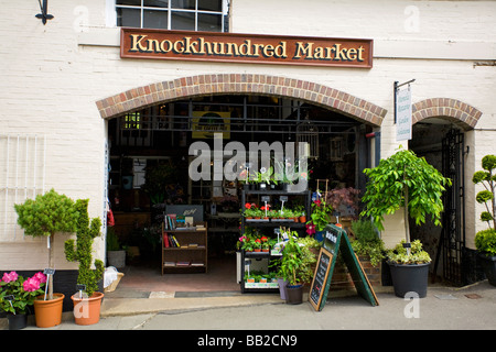 Pflanzen und Bücher für den Verkauf außerhalb der Vorderseite des Knockhundred Markt, Midhurst, West Sussex, Großbritannien Stockfoto