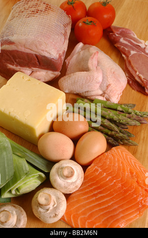 eine Auswahl an Speisen mit protein Stockfoto