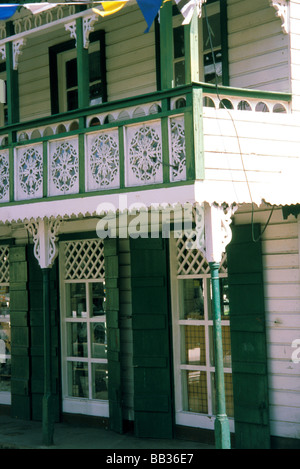 Karibik, St. Lucia, Soufriere. Traditionelle Architektur. Stockfoto