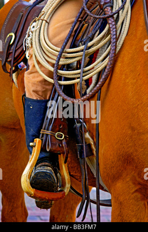 Aufnahmen von westlichen Erbe und Kleidung einschließlich Cowboyhüte, Stiefel, Chaps, Seile, Gurte, Steigbügel, Longhorn-Rinder und Pferde Stockfoto