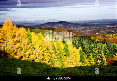 Herbstliche Aussicht vom Cotswold Böschung mit den Malvern Hills in der Ferne, Gloucestershire, England, UK Stockfoto