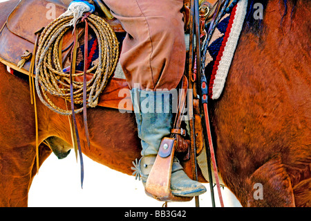 Aufnahmen von westlichen Erbe und Kleidung einschließlich Cowboyhüte, Stiefel, Chaps, Seile, Gurte, Steigbügel, Longhorn-Rinder und Pferde Stockfoto