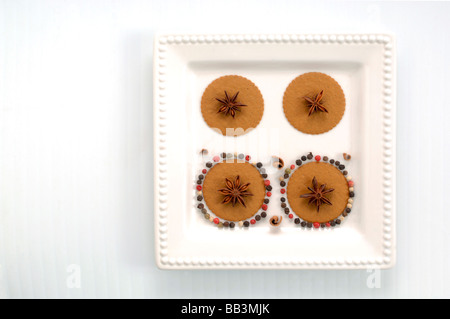 Künstlerische, kulinarische Anordnung der Früchte Gewürze Kräuter Cookies und Paprika machen eine schöne Grafik von gesunden Snacks auf dem Teller Stockfoto