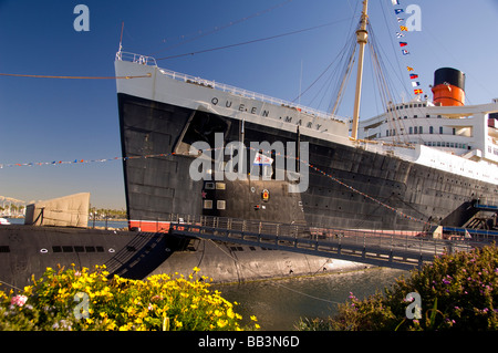 Long Beach, California Queen Mary. Historischen Kreuzfahrtschiff vor Anker dauerhaft im Hafen von Long Beach. Stockfoto