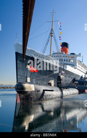 Long Beach, California Queen Mary. Historischen Kreuzfahrtschiff vor Anker dauerhaft im Hafen von Long Beach. Stockfoto