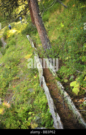 Bestandteil einer stillgelegten Schweizer Berg-Bewässerungs-System - einen hölzernen Trog genannt ein Bisse Stockfoto