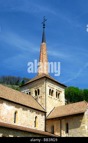 Stiftskirche der romanischen Abtei von Romainmotier, Kanton Waadt, Schweiz Stockfoto