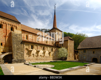 Stiftskirche der romanischen Abtei von Romainmotier, Kanton Waadt, Schweiz Stockfoto