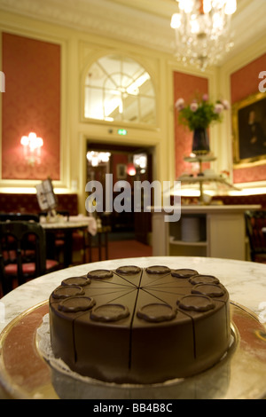 Der originale Sacher-Torte-Kuchen. Elisabeth Salon, Hotel Sacher, Wien, Österreich. Stockfoto